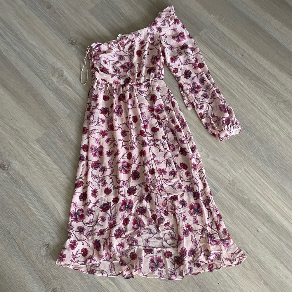 For Love & Lemons Agnes Pink Floral One Shoulder Asymmetrical Dress